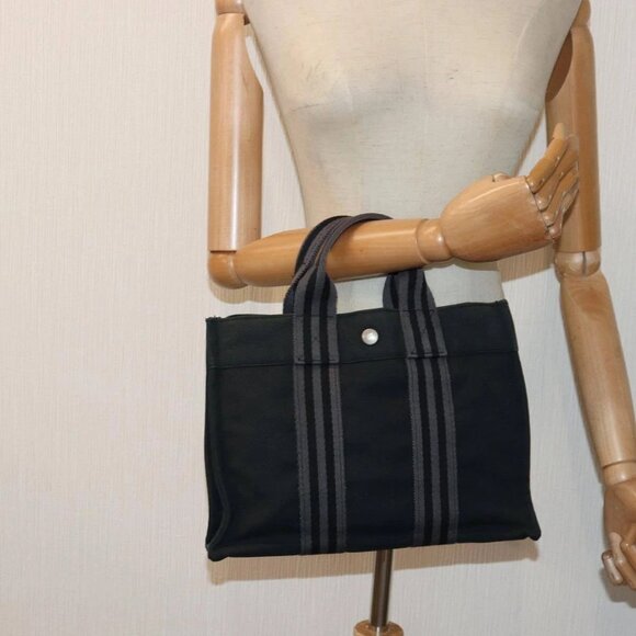 HERMES Fourre Tout PM Hand Bag Canvas Black Silver Auth - Picture 1 of 15